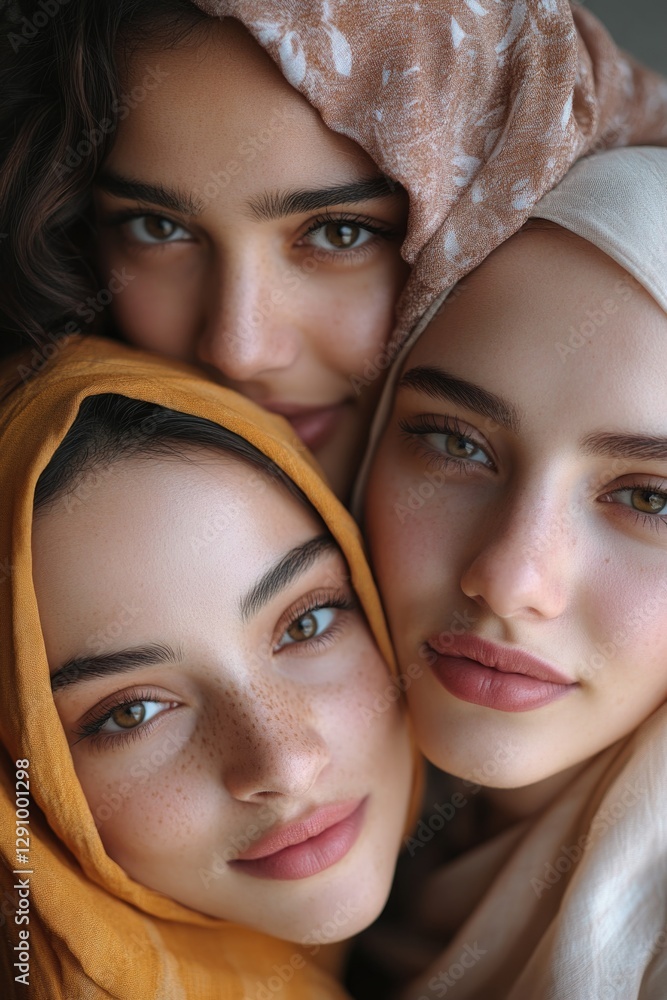 Three friends wearing headscarves and colorful scarves, possibly on a casual outing or at a festival Three friends wearing headscarves and colorful scarves, possibly on a casual outing or at a festival
