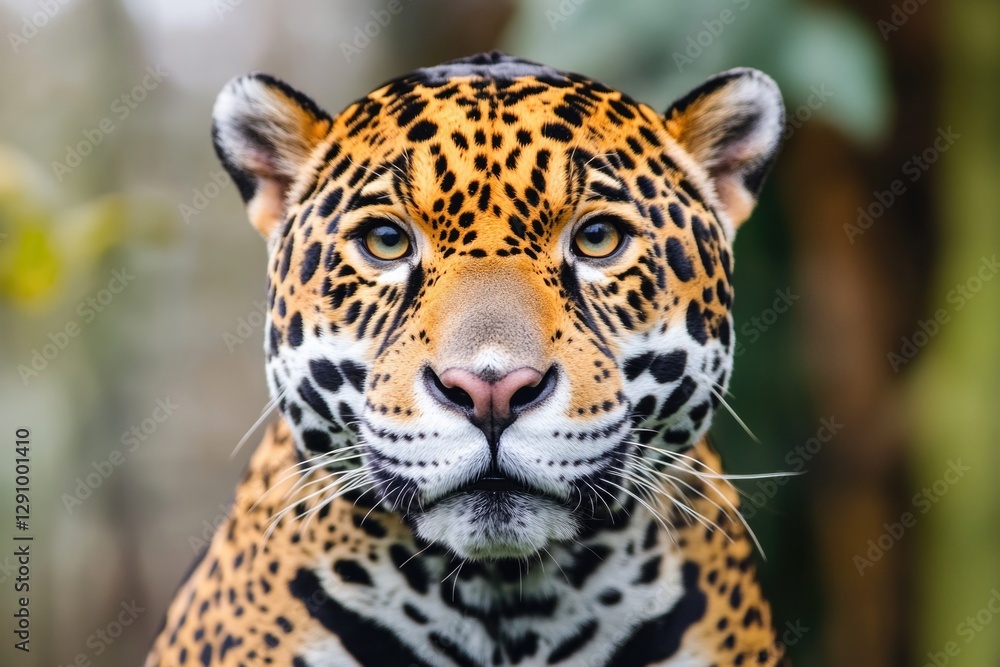 A close-up shot of a leopard's face with trees in the background, suitable for use in wildlife or nature-themed designs A close-up shot of a leopard's face with trees in the background, suitable for use in wildlife or nature-themed designs