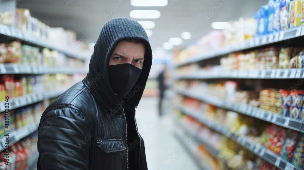 Thief alert at a supermarket, security noticing suspicious shopper. Featuring swift action and food protection Thief alert at a supermarket, security noticing suspicious shopper. Featuring swift action and food protection