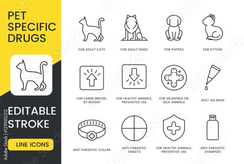 A set of pet specific drug icons in vector, designed for adult cats and dogs, large breeds by weight, healthy animals for preventive use, weakened or sick animals, with an editable stroke