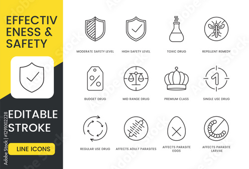 A set of vector icons representing drug effectiveness and safety levels, including budget, mid-range, premium class drugs, single or regular use, and their effects on adult parasites, eggs, larvae