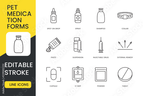 A set of vector icons illustrating various pet medication forms such as spot on drops and sprays, pastes and suspensions, capsules and tablets, powders and IV drips, with an editable stroke