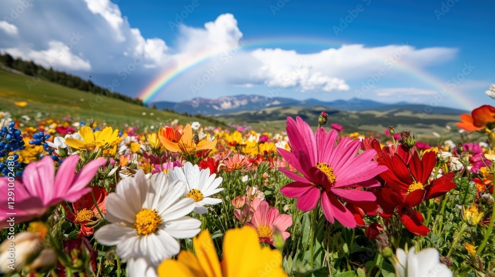 Obraz premium Close-up of vibrant spring wildflowers in a blooming meadow under a rainbow