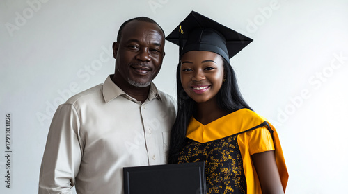 African Student in Cap and Gown Standing Proudly with Her Father