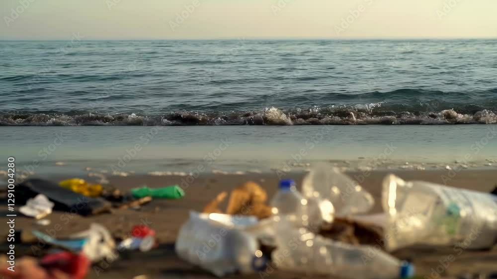 Plastic pollution polluting sandy beach shore Plastic pollution polluting sandy beach shore