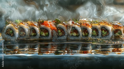 a high-resolution photo of Transparent sushi roll revealing vibrant layers of ingredients. isolated on color background, photorealistic, ultra-sharp focus, clear details, studio lighting, natural