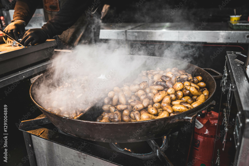 Chef grilling potatoes and vegetables over an open flame at a street food festival Chef grilling potatoes and vegetables over an open flame at a street food festival