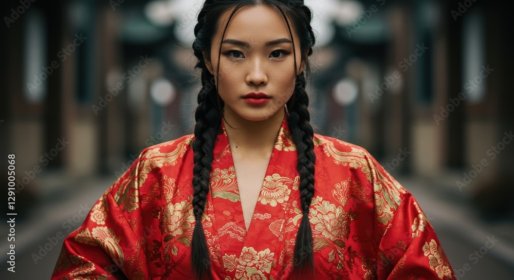 Traditional Fashion with Young Woman in Red Kimono on Urban Street Traditional Fashion with Young Woman in Red Kimono on Urban Street
