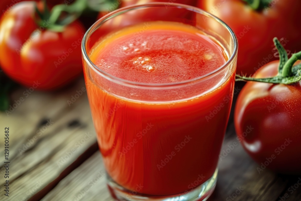 A glass of tomato juice sits on a wooden table, a simple and rustic setting A glass of tomato juice sits on a wooden table, a simple and rustic setting