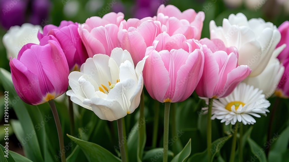 Fototapeta premium Dreamy wildflower meadow bursting with pastel tulips and daisies in spring sunlight