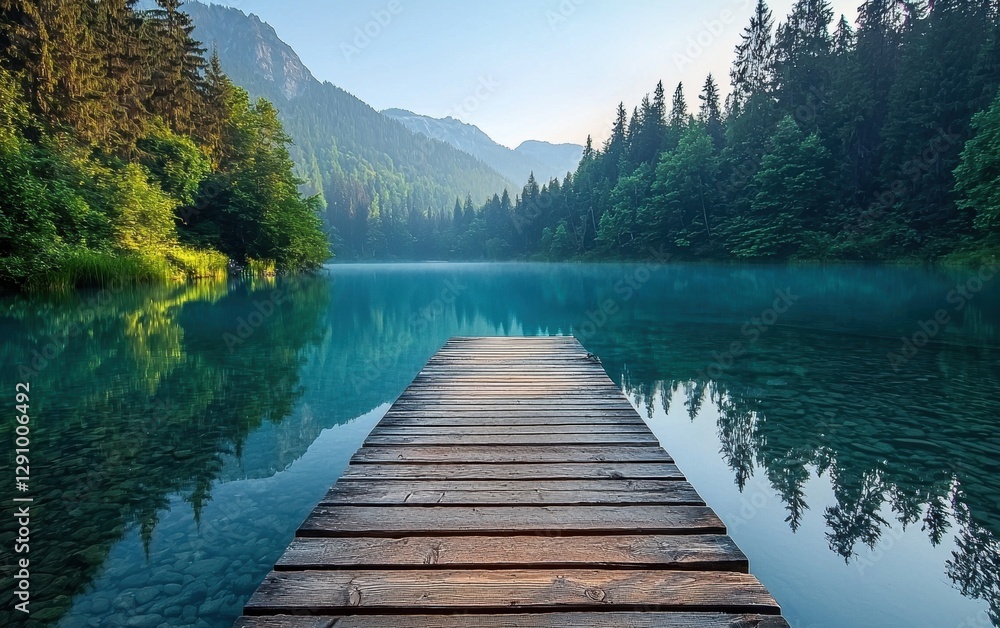 A wooden dock overlooking a calm, crystal-clear lake A wooden dock overlooking a calm, crystal-clear lake