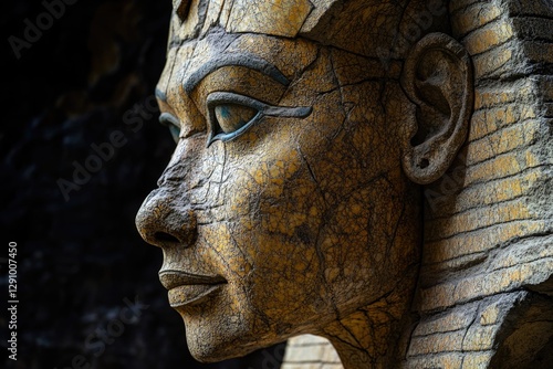 Close-up image of an Egyptian woman statue with intricate details and facial features
