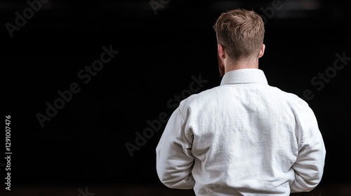 Man in white karate uniform, back view, black background.  Possible use Stock photo for martial arts, self-defense, or sports articles photo