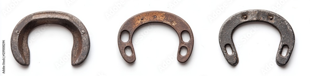 Three rusty, metal, horseshoe-shaped retaining rings on white background. Three rusty, metal, horseshoe-shaped retaining rings on white background.
