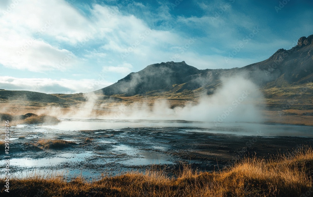 Dramatic volcanic landscape with steam rising from hot springs Dramatic volcanic landscape with steam rising from hot springs