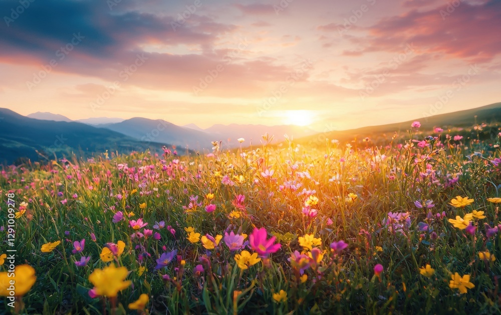 Fototapeta premium Dreamy sunset over a blooming meadow filled with colors