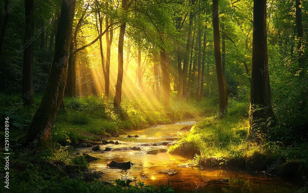 Obraz premium Enchanting forest glade bathed in golden sunlight