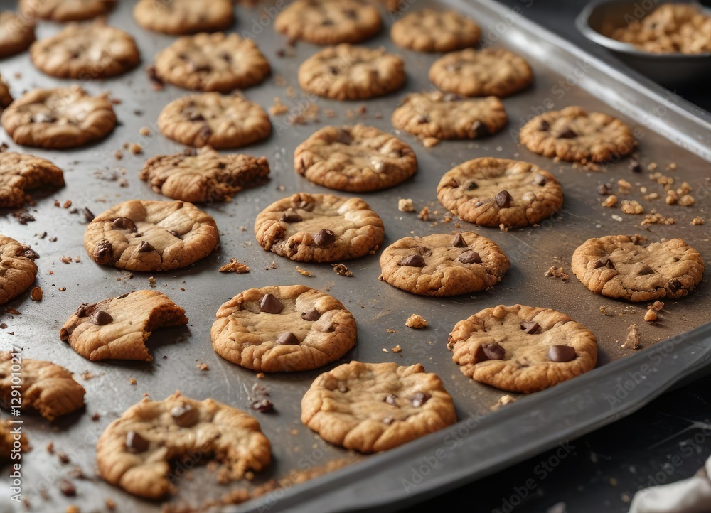 Crumbs and shredded wrappers scattered around a baking sheet with cookies fresh out of the oven, freshly baked cookies, warm aromas Crumbs and shredded wrappers scattered around a baking sheet with cookies fresh out of the oven, freshly baked cookies, warm aromas