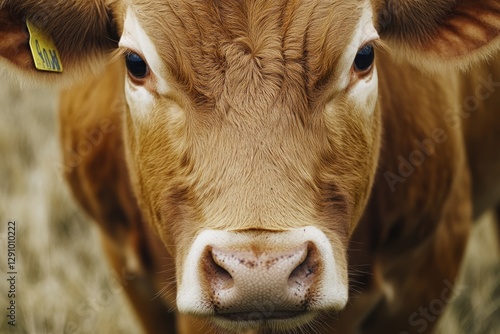 Close-up of a cow's face with an ear tag, useful for farm or animal-related photography photo
