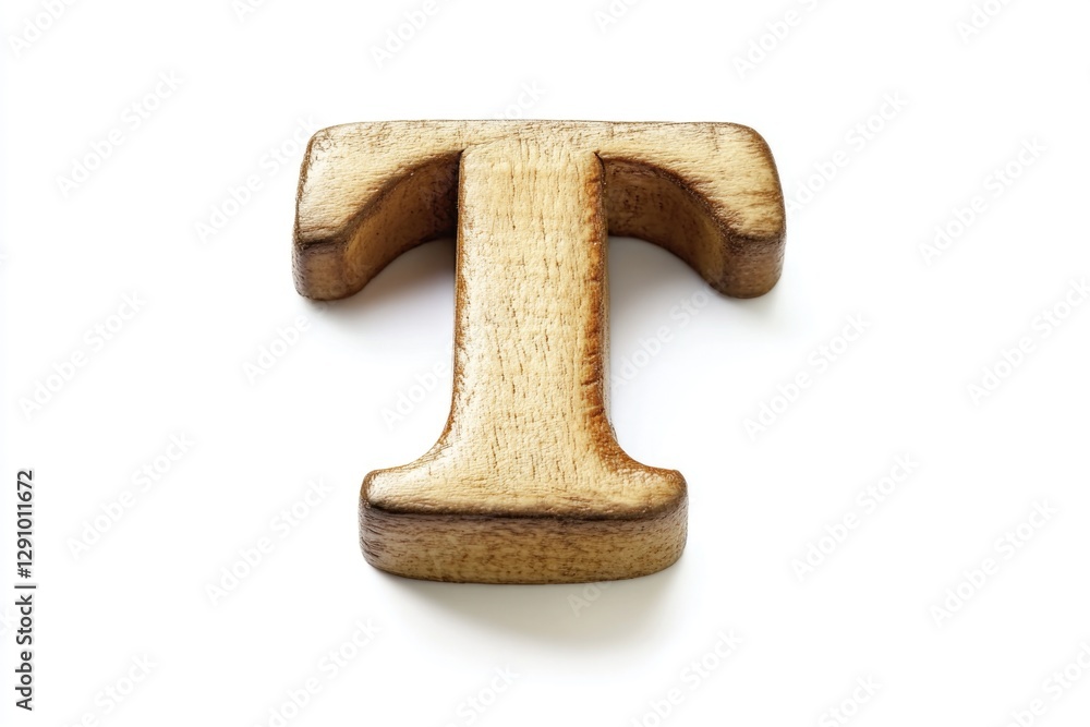 A simple and elegant wooden letter T on a clean white surface, perfect for use in designs related to typography, education or minimalism A simple and elegant wooden letter T on a clean white surface, perfect for use in designs related to typography, education or minimalism