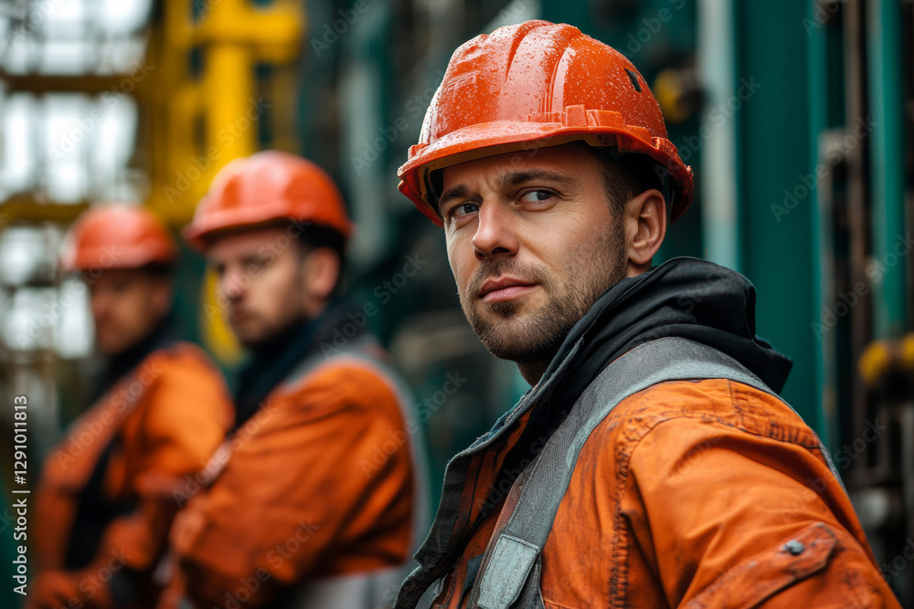 Workers in Safety Gear Pose at Construction Site on Cloudy Day Workers in Safety Gear Pose at Construction Site on Cloudy Day