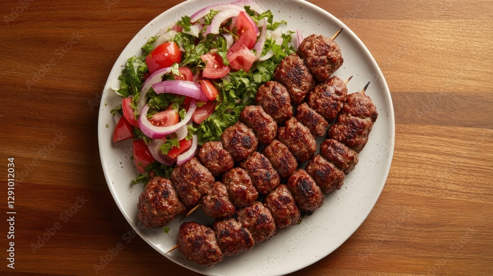 Grilled meat skewers with fresh salad on a plate Grilled meat skewers with fresh salad on a plate