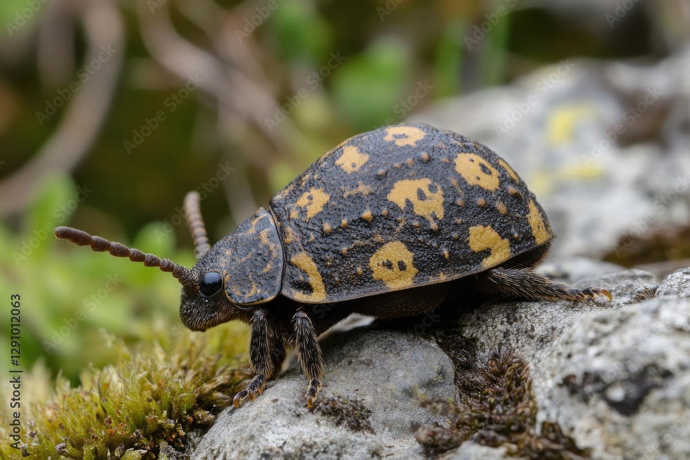 A small black and yellow insect sits on a rocky surface, possibly in a garden or outdoor setting A small black and yellow insect sits on a rocky surface, possibly in a garden or outdoor setting
