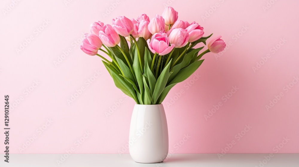 Naklejka premium Elegant minimalist composition with fresh-cut pink tulips in a simple white vase against a soft pink backdrop