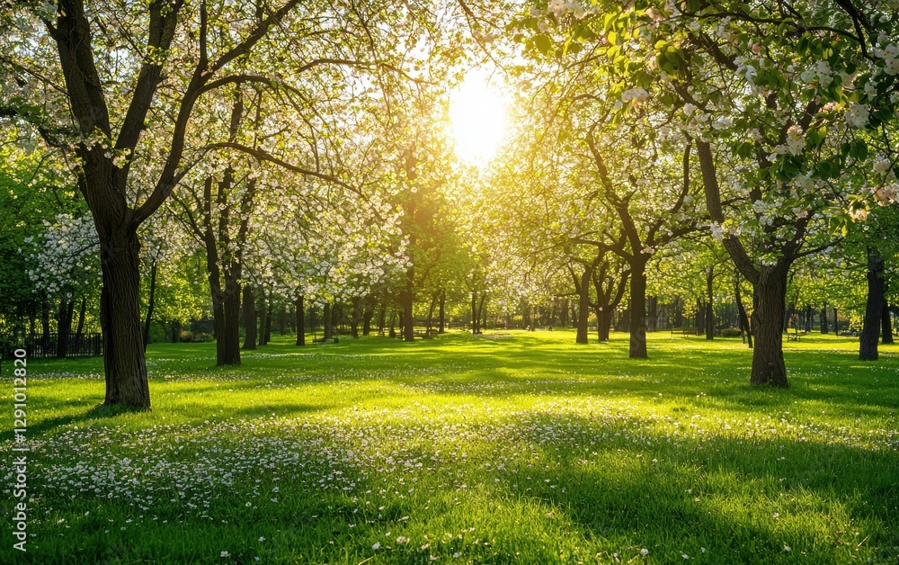 Peaceful park with blossoming trees and fresh green grass Peaceful park with blossoming trees and fresh green grass