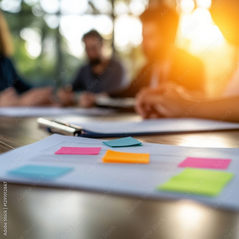 Business Meeting with Sticky Notes on Table Business Meeting with Sticky Notes on Table