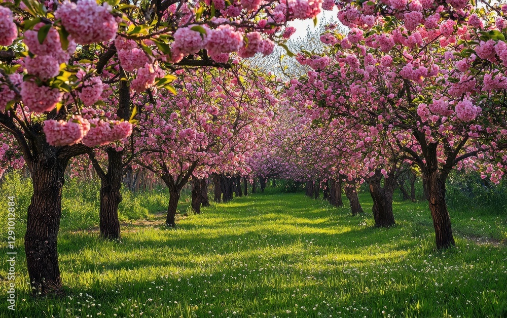 Naklejka premium Peaceful orchard with fruit trees in full bloom