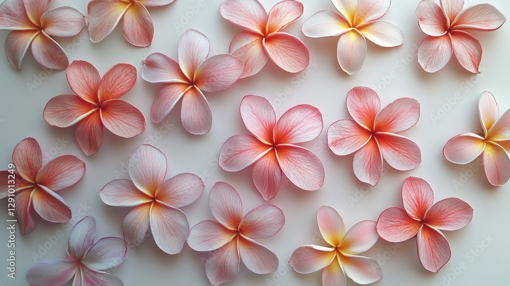 Flat lay of pink and orange plumeria flowers arranged on a white background. Flat lay of pink and orange plumeria flowers arranged on a white background.