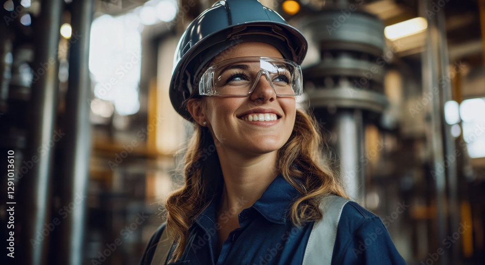 A female industrial engineer is smiling confidently in a busy manufacturing facility, wearing safety gear and showcasing her expertise A female industrial engineer is smiling confidently in a busy manufacturing facility, wearing safety gear and showcasing her expertise