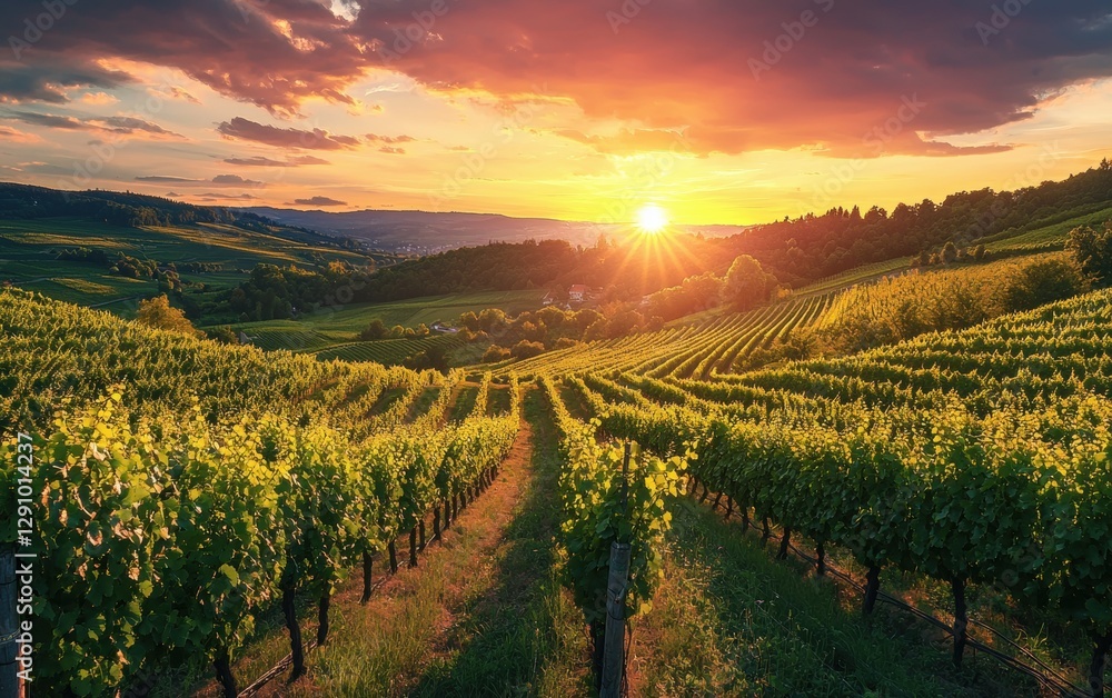 Fototapeta premium Rolling vineyards glowing under a warm summer sunset