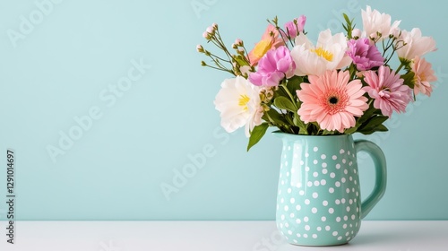 Wallpaper Mural Pastel polka dot pitcher filled with spring flowers on a soft blue background Torontodigital.ca