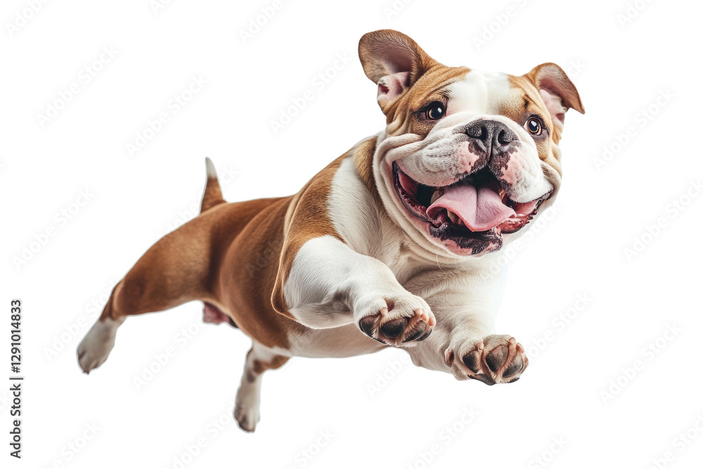 Obraz premium Bulldog joyfully jumping in mid-air, capturing the essence of playfulness and energy in a bright setting, cut out