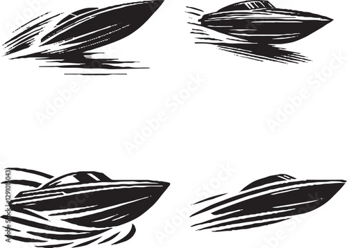 Intricate Speedboat Silhouettes - Black and White Watercraft Designs"
