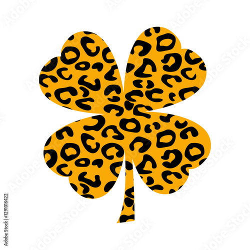 Día de San Patricio. Logo con silueta de trébol de cuatro hojas con relleno de piel de leopardo para tarjetas y felicitaciones