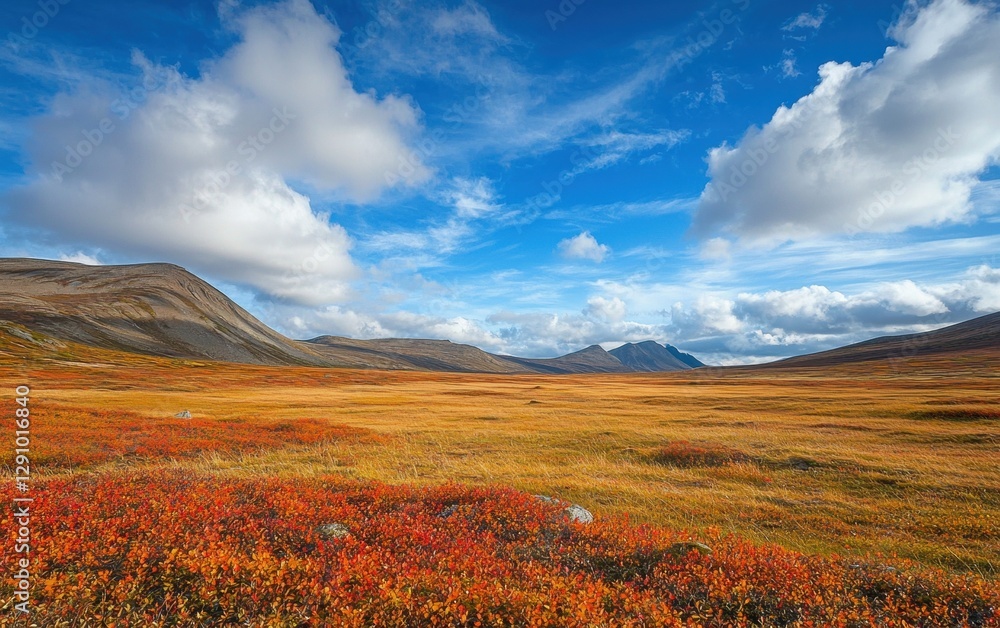 Fototapeta premium Vast tundra landscape with colorful autumn hues under an open sky