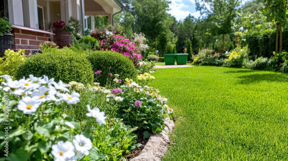 Fototapeta premium Lush garden blooms with colorful flowers and greenery in a tranquil setting on a sunny day