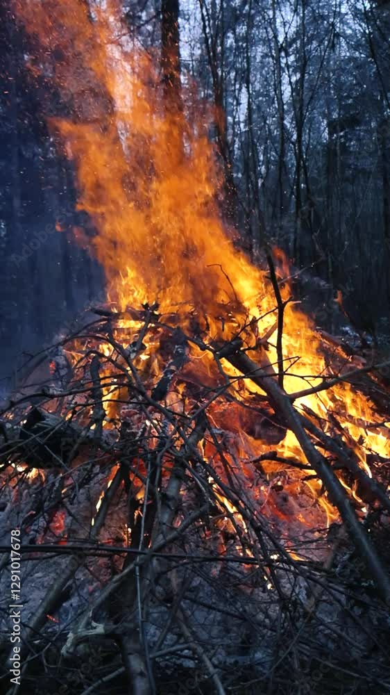Large fire, bonfire or a orange vibrant yellow campfire burning with intense heat, sparks and embers in a winter or autumn forest during dusk or dawn time creating white and blue smoke in the air. Large fire, bonfire or a orange vibrant yellow campfire burning with intense heat, sparks and embers in a winter or autumn forest during dusk or dawn time creating white and blue smoke in the air.