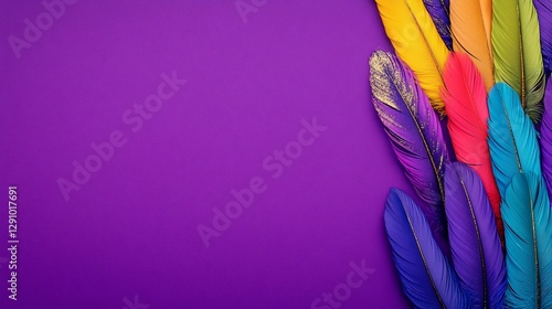 Colorful feathers arranged on purple background, copy space