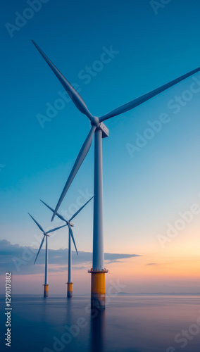 Wind turbines in ocean at sunset, showcasing renewable energy technology