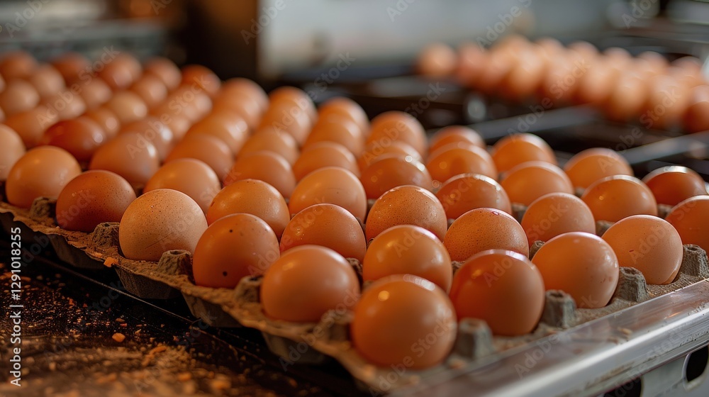 Neatly arranged brown eggs in trays inside a chicken farm illuminated by artificial lighting. Modern production facility showcasing organized systems and cleanliness for egg collection... Neatly arranged brown eggs in trays inside a chicken farm illuminated by artificial lighting. Modern production facility showcasing organized systems and cleanliness for egg collection...