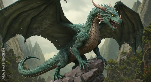 Alert Teal Dragon Perched on Rock against Misty Mountains