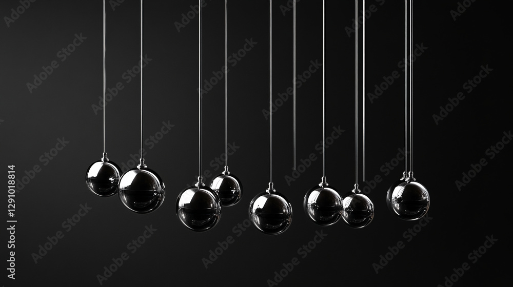 A series of shiny metallic Newton's cradle balls suspended by strings, representing the principles of motion, energy transfer, and the law of cause and effect in a minimalist design. A series of shiny metallic Newton's cradle balls suspended by strings, representing the principles of motion, energy transfer, and the law of cause and effect in a minimalist design.