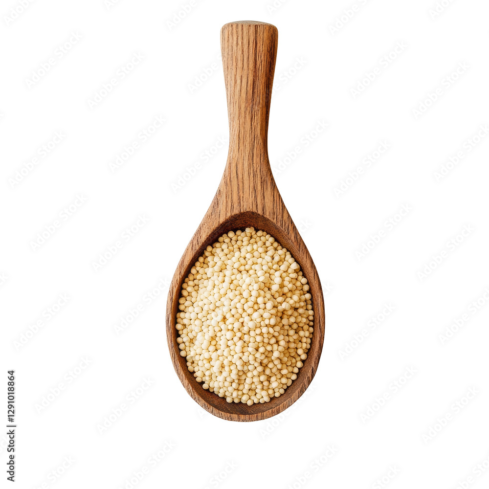 Millet grains in a wooden scoop on a transparent surface highlighting their neutral color and natural texture, Millet in wood scoop on transparent background Millet grains in a wooden scoop on a transparent surface highlighting their neutral color and natural texture, Millet in wood scoop on transparent background