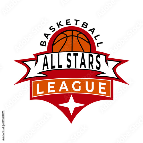 Basketball tournament. Emblem template with basketball ball. Design element for logo, label, sign. Vector illustration.