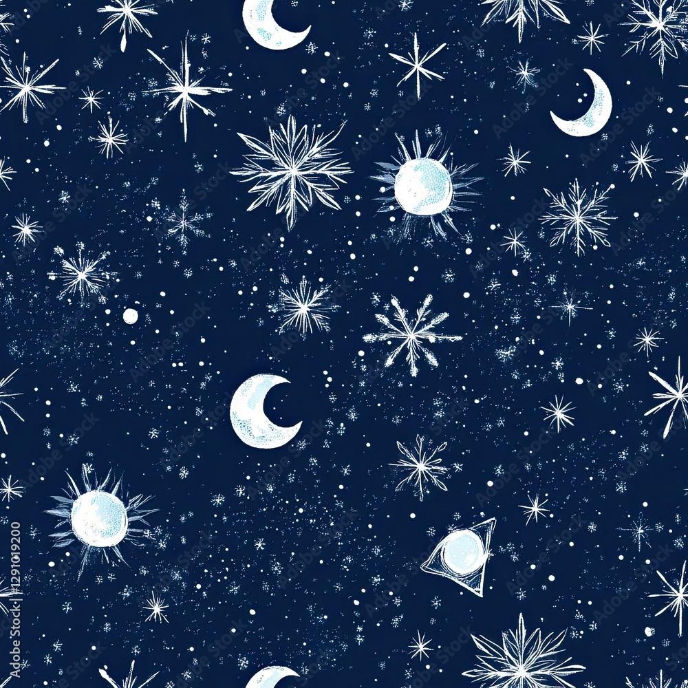 Fototapeta premium Snowflake patterns with celestial constellations and moonlit hues seamless pattern design