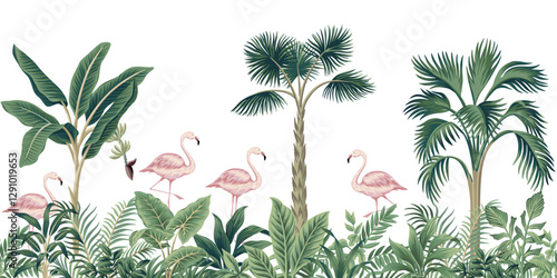 Pink flamingo birds, palm tree, banana tree and tropical plant floral seamless border white background. Exotic jungle wallpaper.